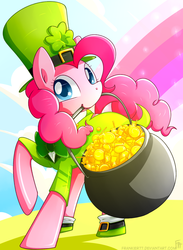 Size: 968x1324 | Tagged: safe, artist:frankier77, pinkie pie, earth pony, pony, g4, candy, clothes, female, gold, leprechaun, leprechaun hat, lollipop, looking at you, mare, mouth hold, pot, pot of gold, rainbow, saint patrick's day, solo