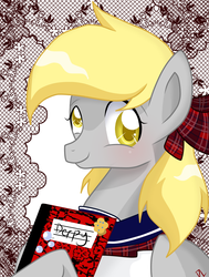 Size: 1208x1602 | Tagged: safe, artist:derpsonhooves, derpy hooves, pegasus, pony, g4, book, bow, clothes, cute, female, happy, journal, mare, notebook, schoolgirl, smiling, solo