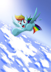 Size: 900x1273 | Tagged: safe, artist:nachtengelsp, rainbow dash, pegasus, pony, g4, atmosphere, cloud, female, flying, happy, mare, sky, smiling, solo, spread wings, wings