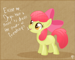 Size: 1028x820 | Tagged: safe, artist:balloons504, apple bloom, earth pony, pony, g4, bow, do you have a minute to talk about our lord and savior, female, filly, hair bow, side view, signature, simple background, solo, standing, text