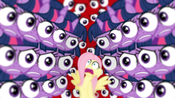 Size: 800x450 | Tagged: safe, edit, edited screencap, screencap, fluttershy, twilight sparkle, g4, hurricane fluttershy, my little pony: friendship is magic, nightmare fuel, special eyes