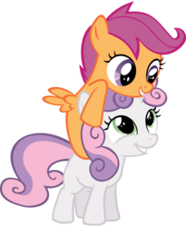 Size: 5000x6100 | Tagged: safe, artist:danton-damnark, scootaloo, sweetie belle, pegasus, pony, unicorn, g4, one bad apple, absurd resolution, duo, duo female, female, filly, foal, piggyback ride, simple background, transparent background, vector