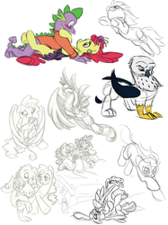 Size: 850x1134 | Tagged: safe, artist:rannva, apple bloom, scootaloo, spike, oc, oc:zestar apple flambé, dracony, griffon, hybrid, pegasus, pony, g4, blushing, colored, colored sketch, female, interspecies, interspecies offspring, male, mare, offspring, parent:apple bloom, parent:spike, parents:spikebloom, ship:spikebloom, shipping, simple background, sketch, sketch dump, straight, white background