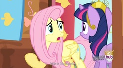 Size: 1569x867 | Tagged: safe, screencap, fluttershy, twilight sparkle, g4, magical mystery cure, big crown thingy, youtube caption, youtube link
