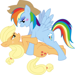 Size: 1147x1148 | Tagged: safe, artist:death-is-death, applejack, rainbow dash, earth pony, pegasus, pony, g4, accessory swap, blushing, female, lesbian, looking at each other, looking at someone, mare, ship:appledash, shipping