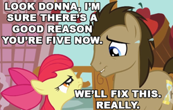 Size: 500x317 | Tagged: safe, edit, edited screencap, screencap, apple bloom, doctor whooves, time turner, earth pony, pony, call of the cutie, g4, caption, doctor who, donna noble, female, filly, foal, image macro, male, stallion, text
