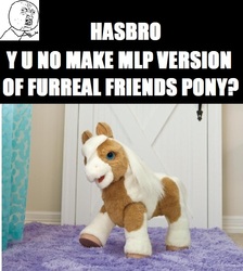 Size: 720x802 | Tagged: safe, barely pony related, bloodshot eyes, fur-real, furreal, furreal friends, hasbro, meme, meta, toy, y u no
