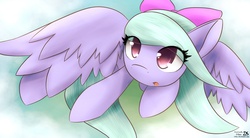 Size: 1960x1080 | Tagged: safe, artist:dshou, flitter, pegasus, pony, g4, bow, cloud, colored pupils, female, flying, hair bow, large wings, looking at you, looking up, mare, open mouth, solo, spread wings, windswept mane, wings
