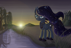 Size: 1500x1000 | Tagged: dead source, safe, artist:denial-is-tragic, princess luna, pony, g4, female, river, solo, tree