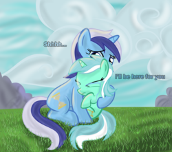 Size: 1700x1500 | Tagged: safe, artist:sintakhra, lyra heartstrings, minuette, pony, unicorn, g4, crying, grass, hug, sitting