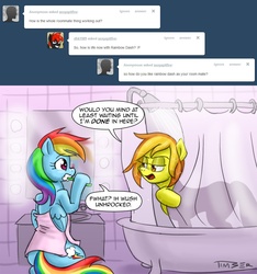 Size: 1020x1089 | Tagged: safe, artist:pluckyninja, rainbow dash, spitfire, pegasus, pony, tumblr:sexy spitfire, g4, ask, duo, female, mare, shower, speech bubble, stupid sexy spitfire, text, towel, tumblr, wet, wet mane