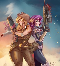 Size: 1280x1391 | Tagged: safe, artist:sundown, applejack, rarity, human, g4, applebucking thighs, crossover, gears of war, gun, hips, horn, horned humanization, humanized, jacqueline applebuck, juliette d'rarie, weapon