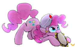 Size: 900x573 | Tagged: safe, artist:namiwami, pinkie pie, pony, friendship is witchcraft, g4, female, gypsy pie, heart eyes, mouth hold, musical instrument, romani, simple background, solo, tambourine, transparent background, wingding eyes