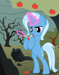 Size: 1000x1280 | Tagged: dead source, safe, artist:dcencia, trixie, pony, g4, apple, apple tree, bipedal, female, knife, magic, solo, standing, tree
