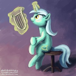 Size: 1280x1280 | Tagged: safe, artist:dahtamnay, lyra heartstrings, pony, unicorn, g4, 30 minute art challenge, female, lyre, magic, musical instrument, sitting, solo, stool, telekinesis