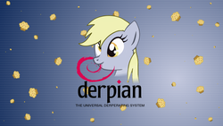 Size: 1360x768 | Tagged: safe, artist:fabulousmoustache, derpy hooves, pegasus, pony, g4, abstract background, bust, cute, debian, derp, derpabetes, derpian, female, linux, mare, mouth hold, muffin, nom, pun, smiling, text, wallpaper