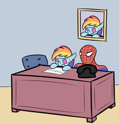 Size: 800x831 | Tagged: safe, artist:perrydotto, rainbow dash, g4, crossover, desk, male, spider-man, unenthused