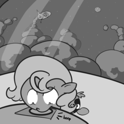 Size: 800x800 | Tagged: safe, artist:perrydotto, princess luna, pony, g4, boop, button, female, grayscale, missile, monochrome, moon, nuclear weapon, smoke, solo, woona