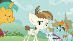 Size: 1152x648 | Tagged: safe, screencap, cotton cloudy, featherweight, snails, snips, twist, pony, unicorn, g4, ponyville confidential, butt, colt, female, male, mare, plot, soon, text