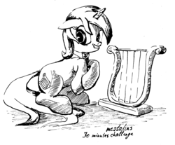 Size: 1068x885 | Tagged: safe, artist:mcstalins, lyra heartstrings, pony, unicorn, g4, 30 minute art challenge, black and white, bowtie, female, grayscale, grin, lyre, monochrome, simple background, solo, white background