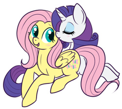 Size: 381x339 | Tagged: safe, artist:lulubell, fluttershy, rarity, g4, blushing, cheek kiss, female, kissing, lesbian, ship:flarity, shipping, simple background, white background
