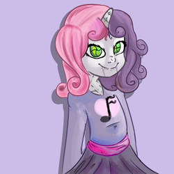 Size: 1000x1000 | Tagged: safe, artist:xylobell, sweetie belle, android, gynoid, human, robot, g4, cute, female, horn, horned humanization, humanized, simple background, smiling, sweetie bot