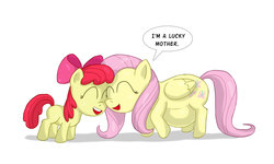 Size: 2000x1203 | Tagged: safe, artist:fadri, apple bloom, fluttershy, g4, fanfic cover, happy, mother, pregnant, smiling, speech bubble, yellow skin
