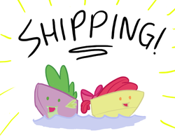 Size: 500x400 | Tagged: safe, artist:kymsnowman, apple bloom, spike, g4, boat, female, male, ship, ship:spikebloom, shipping, straight, visual pun