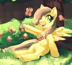 Size: 729x662 | Tagged: safe, artist:mewball, fluttershy, butterfly, pegasus, pony, g4, cute, female, filly, flower, grass, leaning, open mouth, raised hoof, shyabetes, sitting, solo, spread wings, tree, wingding eyes, wings