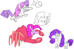 Size: 500x333 | Tagged: safe, pinkie pie, rarity, sweetie belle, crab, g4, rarity fighting a giant crab, simple background, transparent background