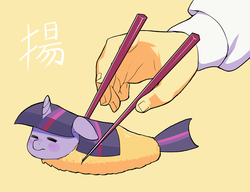 Size: 1280x981 | Tagged: safe, artist:aruurara, twilight sparkle, pony, shrimp, unicorn, g4, blush sticker, blushing, chopsticks, female, floppy ears, frown, hand, japanese, mare, objectification, ponies in food, simple background, solo, tempura, wat, yellow background