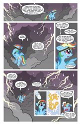 Size: 800x1230 | Tagged: safe, artist:tony fleecs, idw, official comic, rainbow dash, runt the cloud gremlin, cloud gremlins, pegasus, pony, g4, micro-series #2, my little pony micro-series, official, cloud, comic, cutie mark, female, floppy ears, goggles, hooves, idw advertisement, lightning, mare, on a cloud, open mouth, preview, runt, snow, snowball, spread wings, standing on a cloud, stormcloud, wings