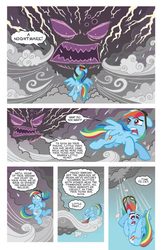 Size: 800x1230 | Tagged: safe, artist:tony fleecs, idw, official comic, rainbow dash, runt the cloud gremlin, cloud gremlins, pegasus, pony, g4, micro-series #2, my little pony micro-series, official, blade runner, cloud, female, floppy ears, goggles, hooves, idw advertisement, lightning, mare, movie reference, on a cloud, open mouth, preview, roy batty, spread wings, standing on a cloud, stormcloud, tears in rain, teeth, wings