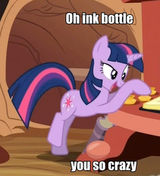 Size: 486x533 | Tagged: safe, edit, edited screencap, screencap, twilight sparkle, g4, spike at your service, bipedal, bipedal leaning, cropped, full body, golden oaks library, image macro, inkwell, leaning, side view, solo, standing, standing on one leg