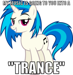 Size: 579x600 | Tagged: safe, artist:moongazeponies, dj pon-3, vinyl scratch, pony, unicorn, g4, suited for success, bedroom eyes, cutie mark, dreamworks face, engrish, female, hooves, horn, image macro, mare, pun, simple background, smiling, solo, teeth, text, transparent background, vector