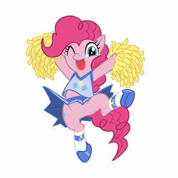 Size: 1024x1024 | Tagged: safe, artist:mol, pinkie pie, earth pony, pony, g4, bipedal, cheerleader, clothes, featureless crotch, female, simple background, skirt, solo, upskirt