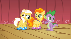 Size: 800x445 | Tagged: safe, edit, edited screencap, screencap, apple bloom, peachy pie, spike, sunny daze, g4, the show stoppers, fimbriae, roller skates, wat