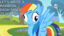 Size: 1100x619 | Tagged: safe, edit, edited screencap, screencap, rainbow dash, g4, hurricane fluttershy, all caps, derp, fanfic, hub logo, hubble, spread wings, text, wings