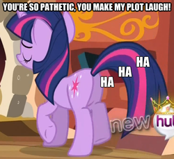 Size: 615x564 | Tagged: safe, edit, edited screencap, screencap, twilight sparkle, pony, unicorn, g4, magical mystery cure, butt, caption, fart, female, image macro, mare, plot, solo, wat