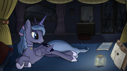 Size: 1920x1080 | Tagged: safe, artist:regolithx, princess luna, firefly (insect), pony, g4, alternate hairstyle, book, female, prone, s1 luna, solo