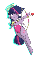 Size: 1280x1781 | Tagged: safe, artist:workingpie, twilight sparkle, alicorn, pony, g4, arrow, bow (weapon), bow and arrow, clothes, costume, cupid, female, flying, halo, heart arrow, leotard, mare, smiling, twilight sparkle (alicorn), weapon, wink