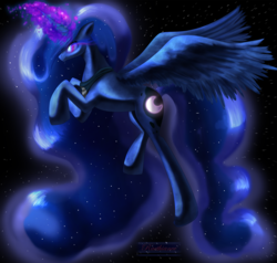 Size: 2000x1905 | Tagged: safe, artist:raethiance, princess luna, pony, g4, female, flying, magic, solo