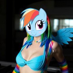 Size: 1024x1024 | Tagged: artist needed, safe, edit, rainbow dash, human, g4, bra, breasts, cleavage, clothes, cosplay, female, irl, irl human, photo, solo, underwear