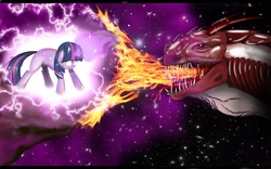 Size: 1680x1050 | Tagged: dead source, safe, artist:hereticofdune, twilight sparkle, dragon, g4, force field, magic, space