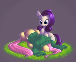 Size: 1744x1414 | Tagged: safe, artist:eosphorite, fluttershy, rarity, g4, clothes, dirt cube, dressing, grass, hiding, sweater, sweatershy, wardrobe malfunction