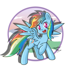 Size: 2958x3000 | Tagged: safe, artist:danmakuman, rainbow dash, pegasus, pony, g4, female, mare, open mouth, shadow, signature, smiling, solo, spread wings, wings