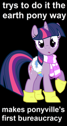 Size: 1280x2384 | Tagged: safe, twilight sparkle, pony, unicorn, g4, winter wrap up, black background, clothes, female, full body, mare, raised hoof, saddle, scarf, side view, simple background, solo, standing, tack, text, unicorn twilight