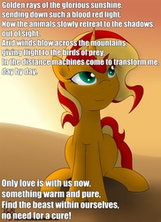 Size: 727x1000 | Tagged: safe, artist:bronyfang, edit, sunset shimmer, pony, unicorn, g4, female, image macro, metal gear, metal gear rising, solo, song reference, sun, sundowner, sunset, sunshine shimmer, text