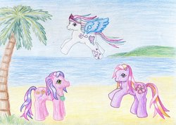 Size: 1024x729 | Tagged: safe, artist:normaleeinsane, skywishes, star catcher, twinkle twirl, earth pony, pegasus, pony, g3, 2010, beach, colored pencil drawing, colored wings, crown, female, flying, heart locket, jewelry, locket, ocean, palm tree, rearing, regalia, sky, spread wings, standing, tiara, traditional art, tree, trio, trio female, water, wings