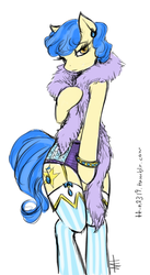 Size: 492x900 | Tagged: safe, artist:tt-n, sapphire shores, earth pony, pony, semi-anthro, g4, bipedal, clothes, covering, feather boa, female, frilly underwear, mare, panties, purple underwear, simple background, solo, underwear